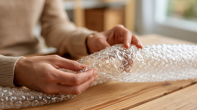 Hands wrapping fragile items in bubble wrap for safe shipping, ensuring protection during packaging, delivery, and storage