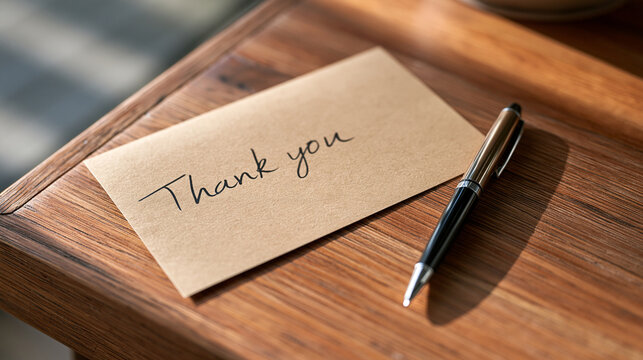 Hand written thank you note conveying gratitude and appreciation, placed on a wooden desk with a pen, reflecting a thoughtful message of thanks