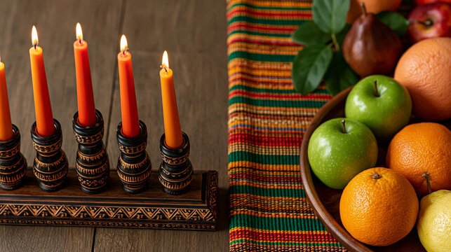 Kwanzaa celebration featuring a kinara with seven lit candles and a bowl of fresh fruit including oranges. Green apples. And pears