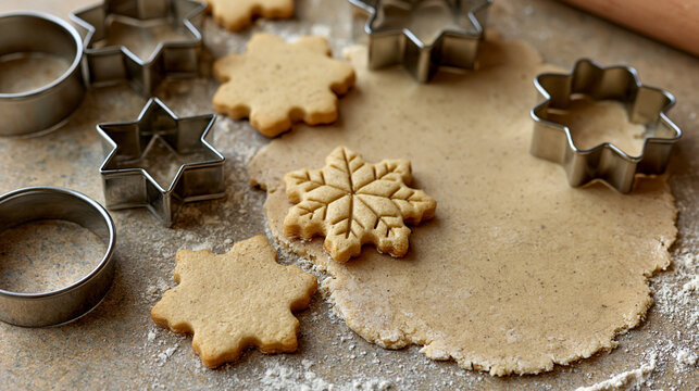 Homemade holiday baking creating festive snowflake and star shaped cookies from fresh dough on a floured surface with various metal cutters and a rolling pin