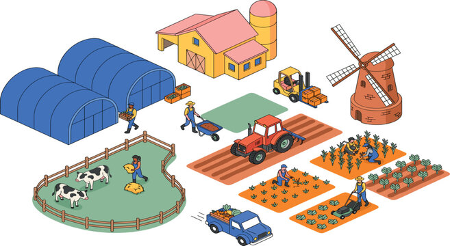 Isometric organic farm and agriculture vector element set. Tractor, windmill, barn, greenhouse, truck, farmer, field, crop, vegetable, cow, fence, cultivation and rural landscape.