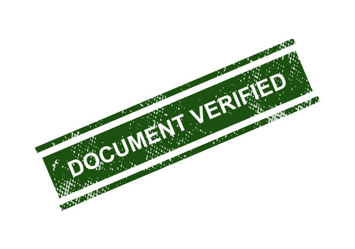 Green document verified stamp with black border isolated on transparent background