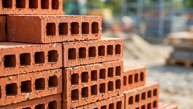 Close up stacked red hollow clay bricks at construction site showing detailed texture and pattern for building material industry and housing construction concept