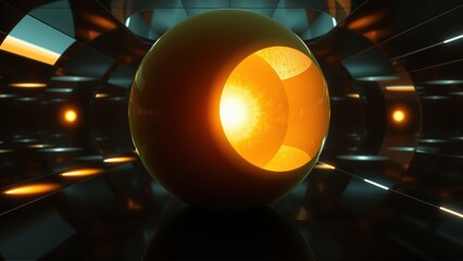 Fototapeta premium Glowing sphere dominates dark space. Reflections suggest futuristic tunnel, intense light source within. Dramatic illumination creates depth.