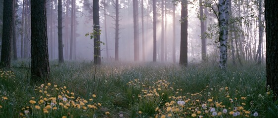 Obraz premium Misty forest floor covered in wild dandelions and tall grass with sunlight filtering through trees
