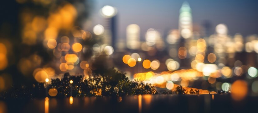 Abstract city lights at night with bokeh effect and reflections on water.
