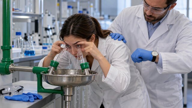 Lab technician rinsing eyes at emergency eyewash station while colleague times the flush, laboratory chemical exposure first aid