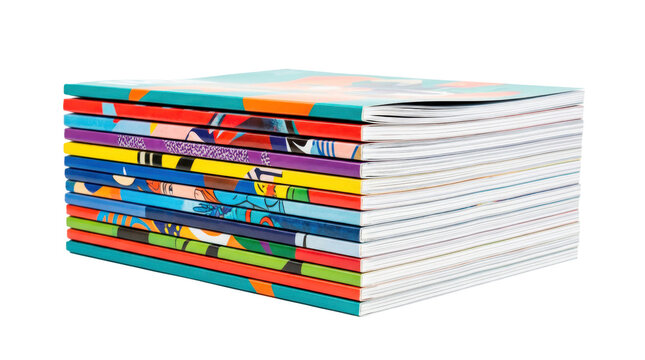 Magazine stack with neatly aligned glossy publications, varied colorful cover designs without readable text, crisp paper edges, and modern print-media appearance. Photorealistic, front 3/4 view,