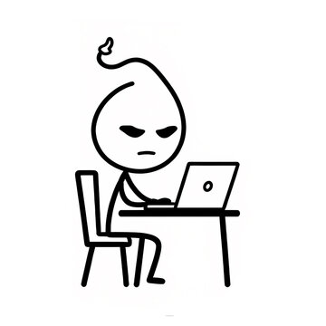 Minimalist stickman character working on a laptop at desk, 2D line art illustration
