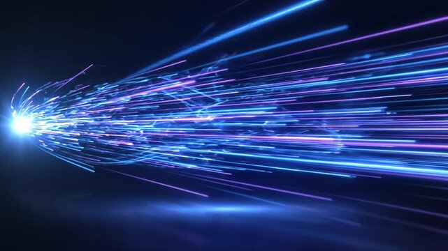 Neon light speed trails abstract background: high-speed data flow and cyberpunk energy effect