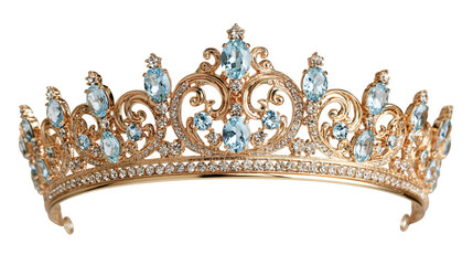 Ornate gold tiara with oval light blue aquamarine gemstones and small diamonds © darietta