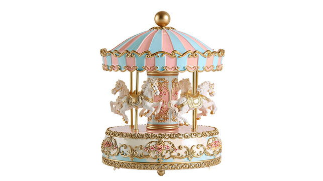 Vintage style carousel music box with white horses and pastel striped canopy