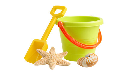 Yellow plastic shovel green bucket starfish, and nautilus shell for beach play © darietta