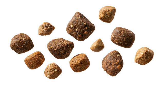 Brown crunchy dry pet food kibble pieces scattered