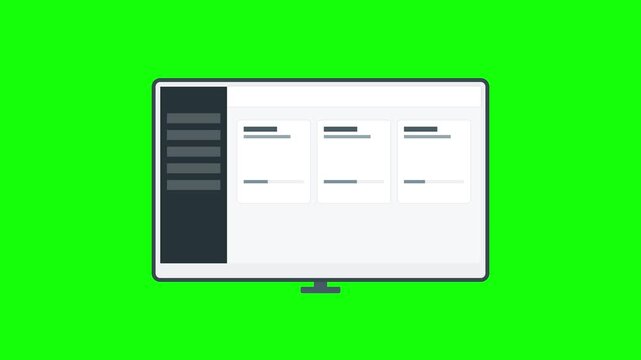 Flat design computer monitor displaying a modern web application dashboard interface on green screen chroma key background.