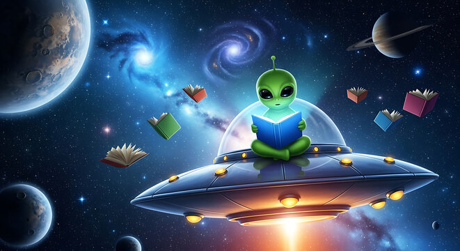 Cute green alien sits on a metallic flying saucer while reading many colorful books in space