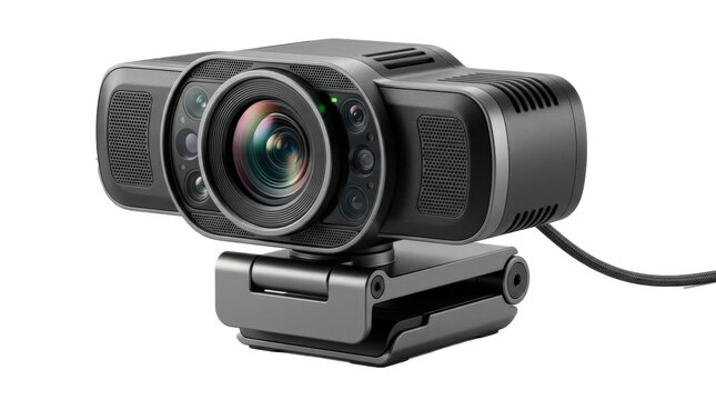Conference webcam with wide camera housing, prominent lens array and integrated monitor mount, professional video-meeting electronics design, photorealistic, front 3/4 view, horizontal orientation,