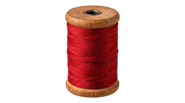 Wooden spool tightly wound with vibrant red cotton sewing thread, classic haberdashery object. Photorealistic, front 3/4 view, vertical orientation, ultra-high-resolution 8K, on a pure white