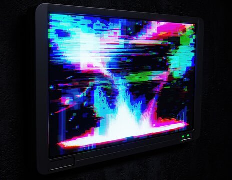 A screen displays vibrant, distorted colors and digital noise.