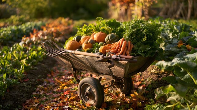 Side view of wooden wheelbarrow loaded with autumn harvest pumpkins and carrots in vegetable garden