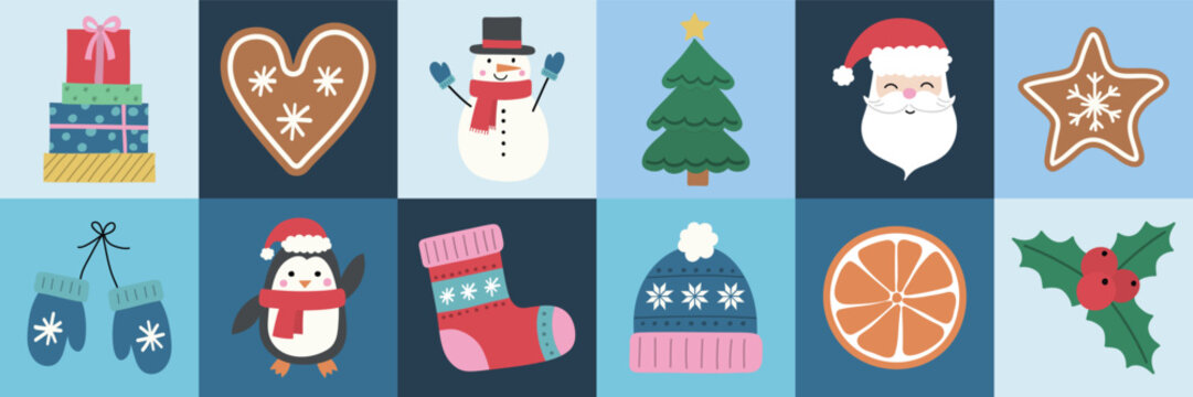 Christmas background in modern geometric style with cute hand drawn elements. Vector illustration