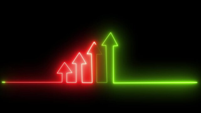 Glowing arrow rising line neon light financial business graph, business growth concept animated on black background.