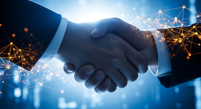 Professional business partners shake hands firmly, creating a glowing digital connection in this modern corporate setting