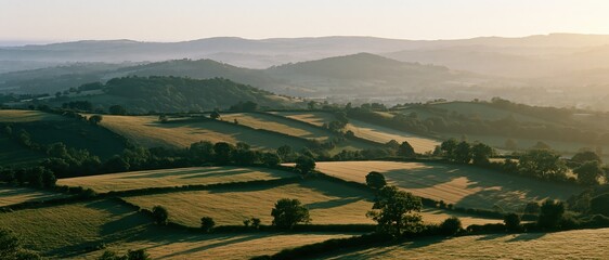 Obraz premium Rolling hills and fields of the english countryside at golden hour