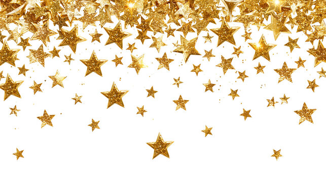 Shiny golden glitter stars falling down in a festive decorative border pattern