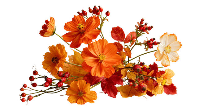 Vibrant orange cosmos flowers with autumn leaves and red rose hips bouquet