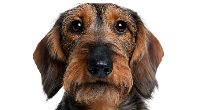 Close up portrait of a wire haired dachshund dog with expressive brown eyes