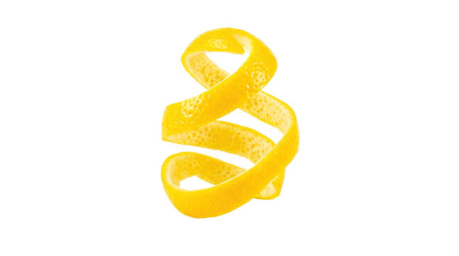 Bright yellow lemon peel curl with thin spiraled ribbon form, glossy citrus rind and fresh textured zest surface, elegant garnish ingredient; photorealistic macro food photography, front 3/4 view,