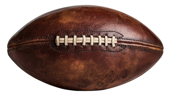 Vintage brown leather American football with white stitched laces