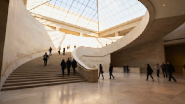 Blurred museum atrium background with defocused visitors on a grand staircase, bright skylight