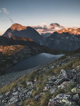 Schladminger Tauern mountain landscape with alpine lake in Styria, Austria