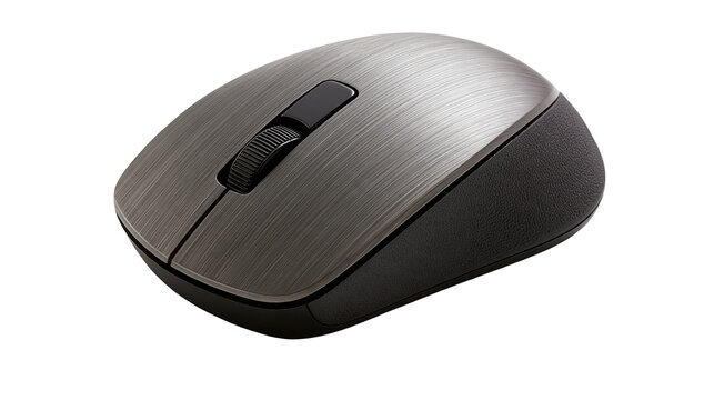 Brushed metallic grey wireless computer mouse with black scroll wheel
