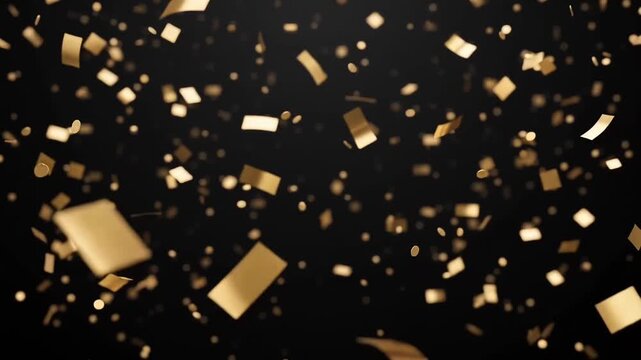 Elegant golden confetti gently falling through the air against a dark black background, creating a luxurious festive atmosphere for New Year, celebration and premium advertising designs.