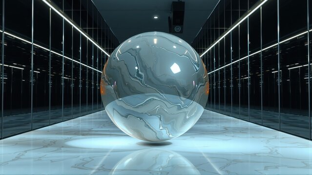 Futuristic interior features glossy sphere, mirrored walls, bright linear lights. Minimalist design creates infinite reflection effect. Dramatic lighting.
