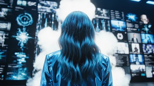 Woman observing rear shot massive content wall in blue digital room, supporting media monitoring, streaming platforms, data overload, audience analytics, platform research, and technology campaign.