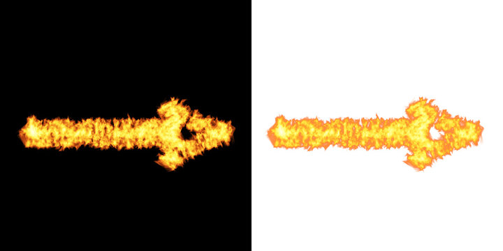 Arrow shape made of burning fire isolated on white and black backgrounds for directional isolated on a transparent background