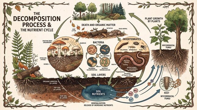 Educational diagram of the decomposition process and nutrient cycle