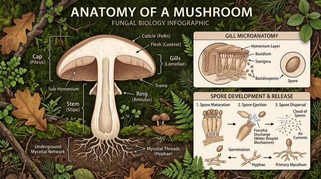 Anatomy of a mushroom fungal biology infographic