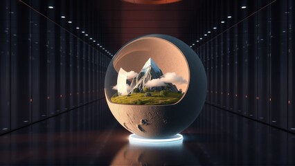 Fototapeta premium Futuristic scene. Globe contains miniature mountains, grass, clouds. Dark room with glowing lines, reflective floor. Dramatic lighting creates depth.