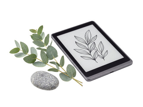 Ebook reader tablet eucalyptus branch stone on black background showing leaf line art drawing for modern digital reading, zen minimalist lifestyle, wellness technology and study concept.