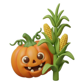 3d spooky cute harvest themes with autumn corn pumpkin character