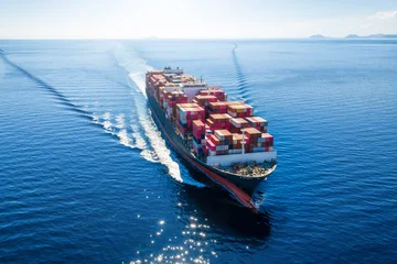 Aerial front view of a large container cargo ship sailing over the calm ocean © moofushi