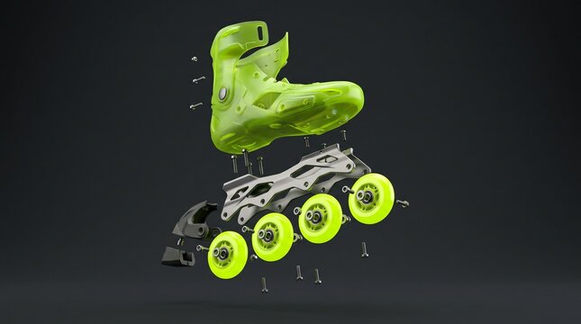 Exploded futuristic rollerblade with acid green shell, lime neon wheels and separated mechanical components, detailed sports equipment engineering visualization on dark background.