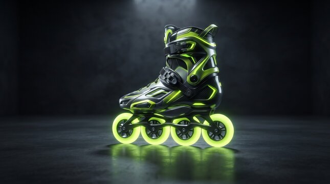 Futuristic acid green rollerblades with glowing wheels isolated in a dark studio, premium neon sports equipment concept with dramatic lighting and copy space.