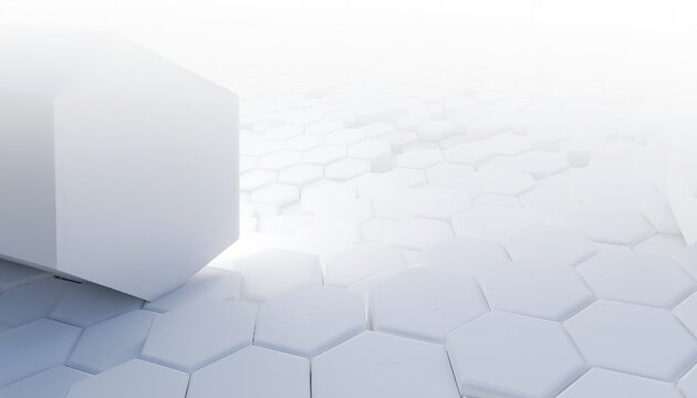 Abstract geometric landscape with hexagonal patterns and a large monolith.