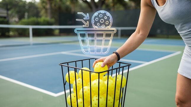 Female athlete picking a yellow pickleball from a metal basket on a blue court with a glowing digital holographic training icon overlay.